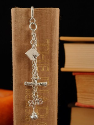 Grad 2018 Feather Bookmark Tibetan Silver Grad Cap, Year, Degree and Swarovski