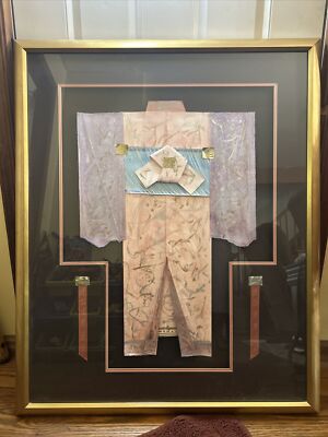 Gold Framed 35x44  Hand Crafted Paper Geisha Kimono Mixed Media Asian Art