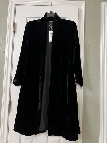 Pre-owned Eileen Fisher Pp $438  Black Velvet Shawl Collar Long Jacket Coat