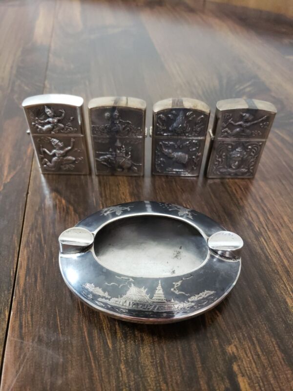 Siam Sterling Silver Set Of 4 Lighter Cases & Ashtray With Black Enamel Gorgeous