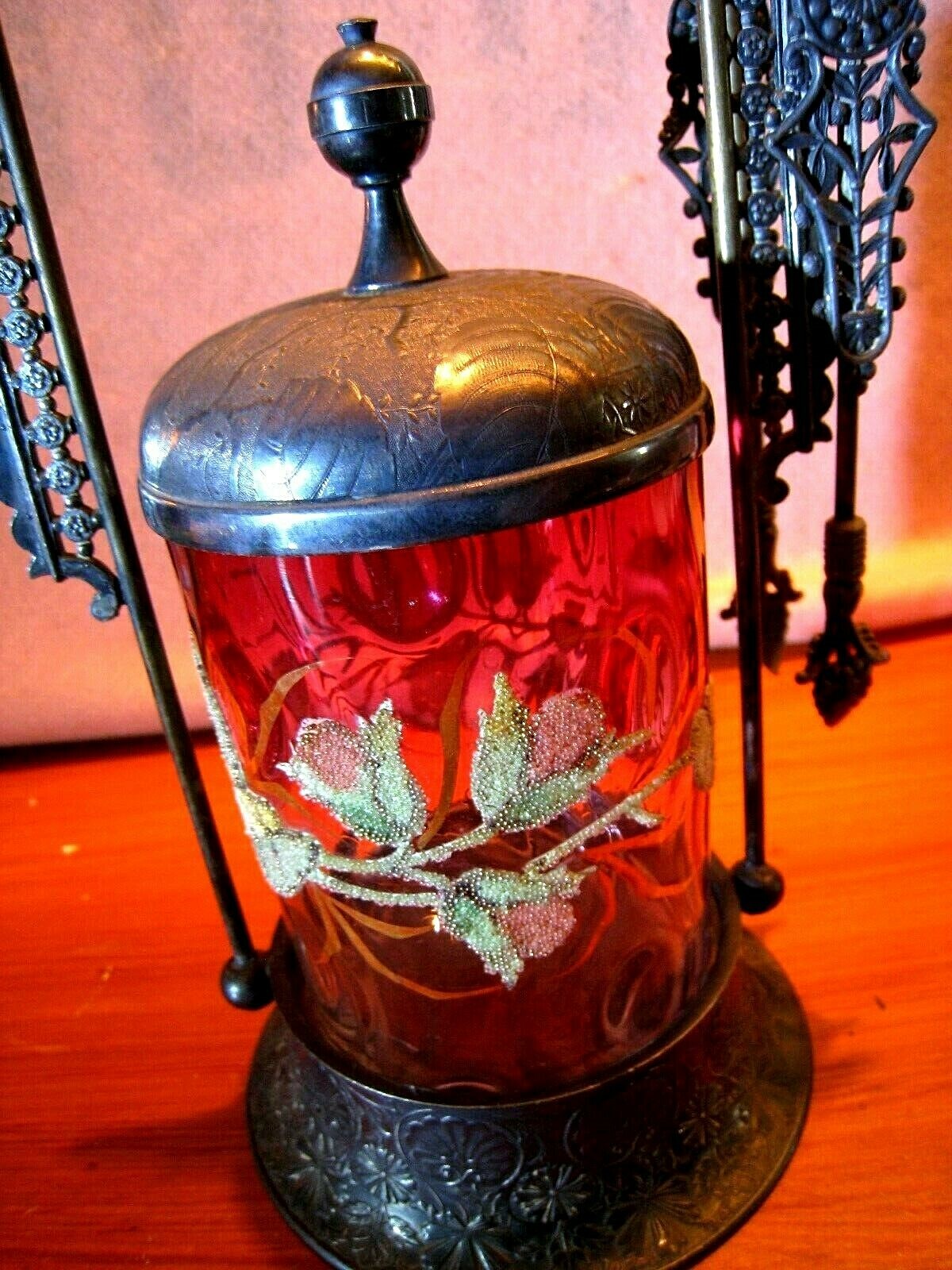 Derby Pickle Castor.....Cranberry Hand Decorated Jar...Antique....Complete