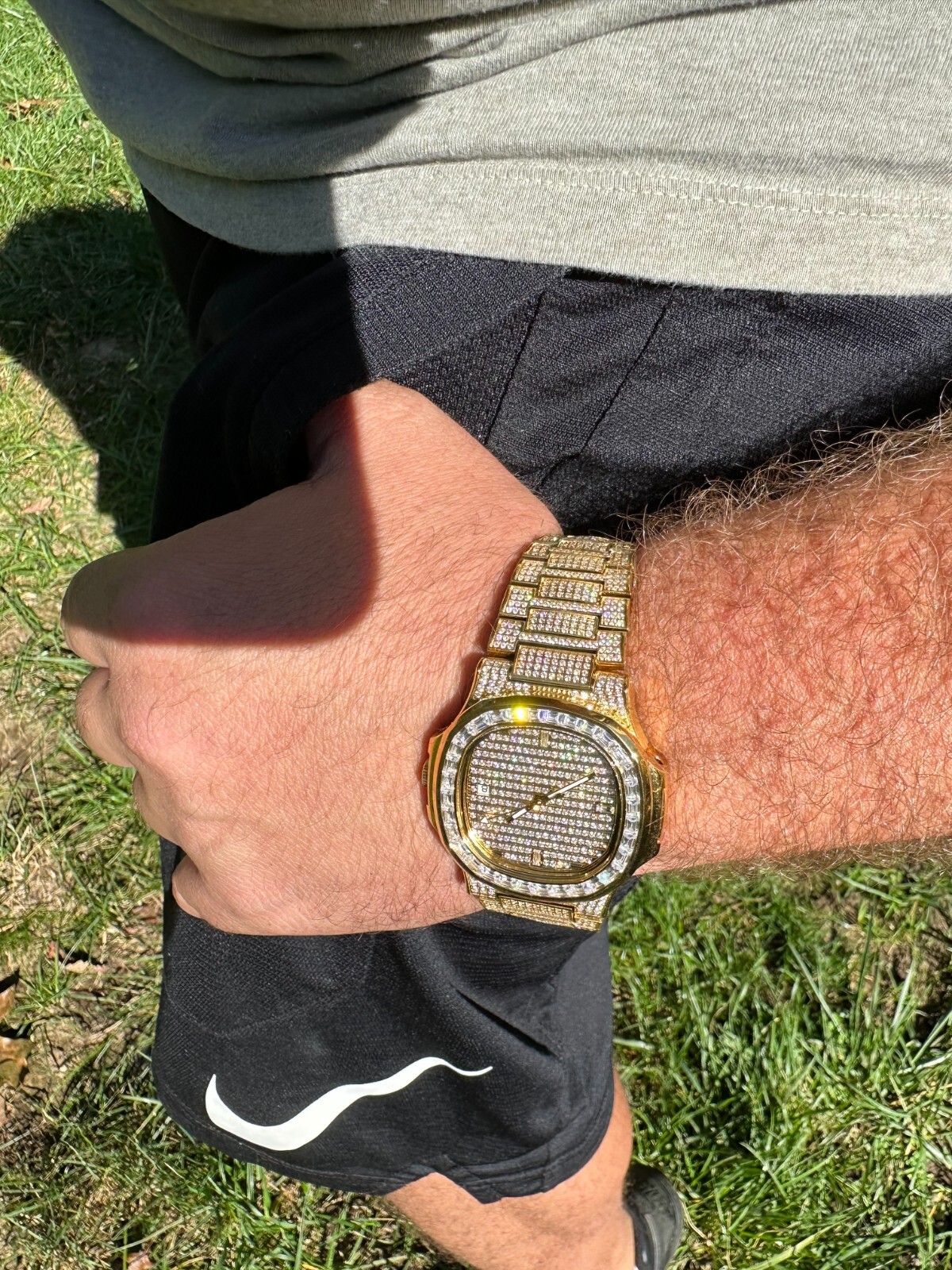 Pre-owned Real Mens Baguette 14k Gold  Moissanite Watch Iced Automatic Movement Hiphop