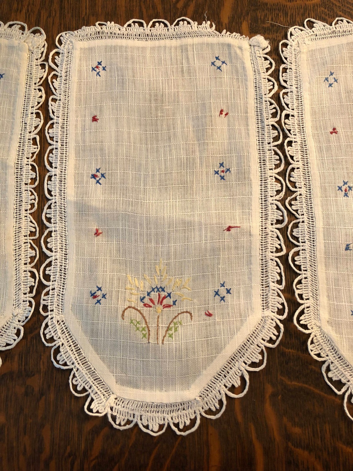 set OF 3 Vintage LINEN DRESSER SCARFS W HAND EMBROIDERY & CROCHET