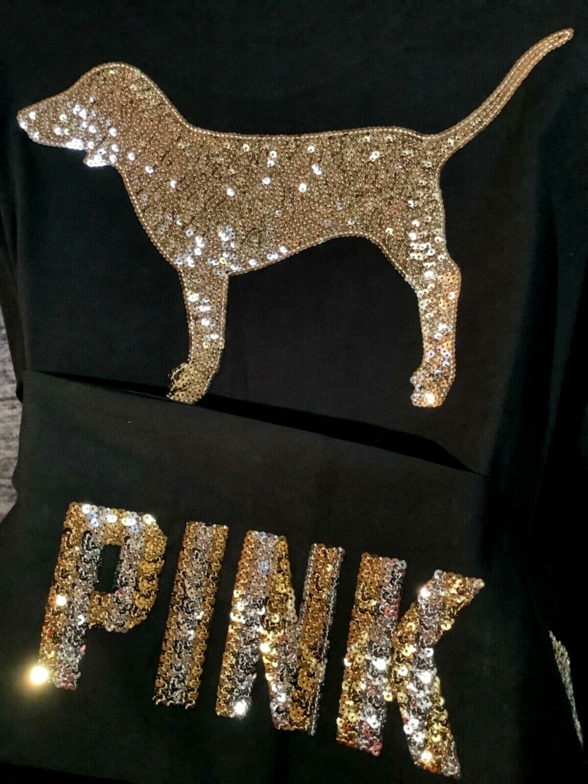 Pre-owned Victoria's Secret Pink Bling Campus Tee Shirt + Leggings Set Black Dog Logo M