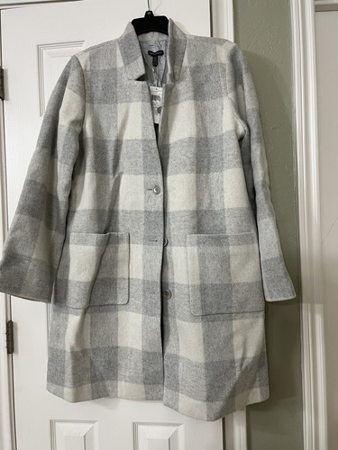 Pre-owned Eileen Fisher Xl  Darkpearl Wool Blend Multi Check Notch Collar Calf Len Coat In Gray