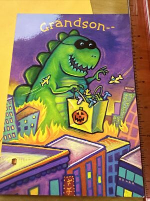 Vtg Unused Halloween Card Dinosaur Godzilla Grandson W/ Env