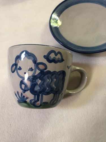 M A Hadley Pottery, Sheep Lamb Coffee Mug & Saucer Vintage Signed