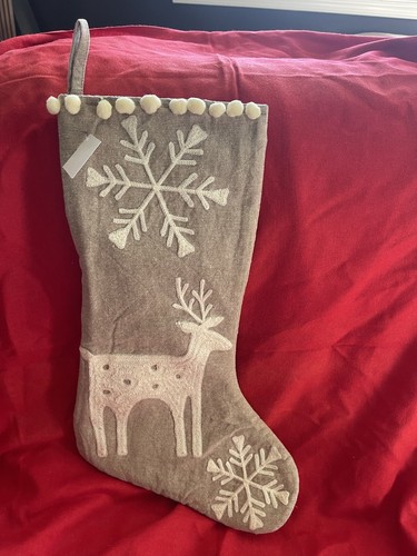 Hobby Lobby Tan & White Natural Cotton Pom Pom Reindeer Christmas Stocking 19