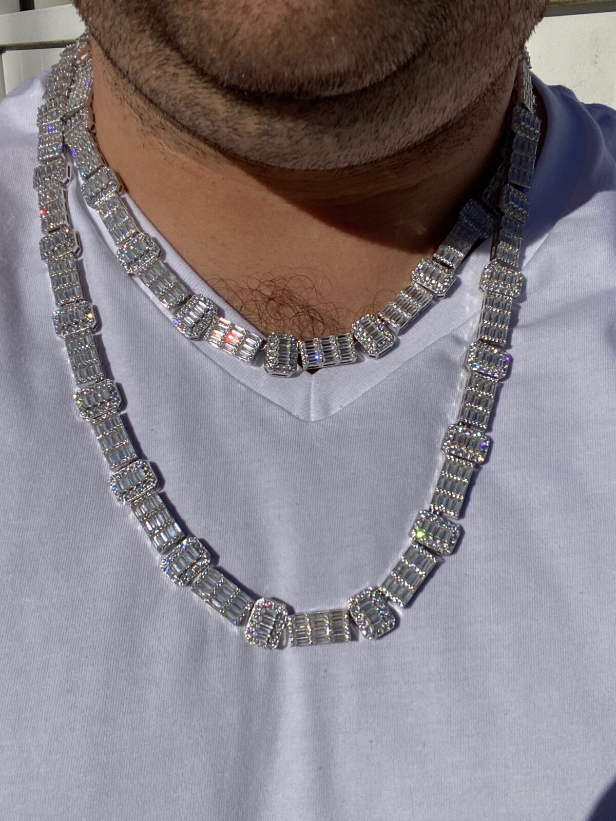 Pre-owned Silver Real 925 Sterling  Baguette Link Chain Cz 13mm Men's Necklace Bust Down