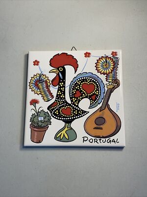 Portugal Hand Painted Rooster Bird Ceramic Tile w/ Cork Backing Wall Hanging