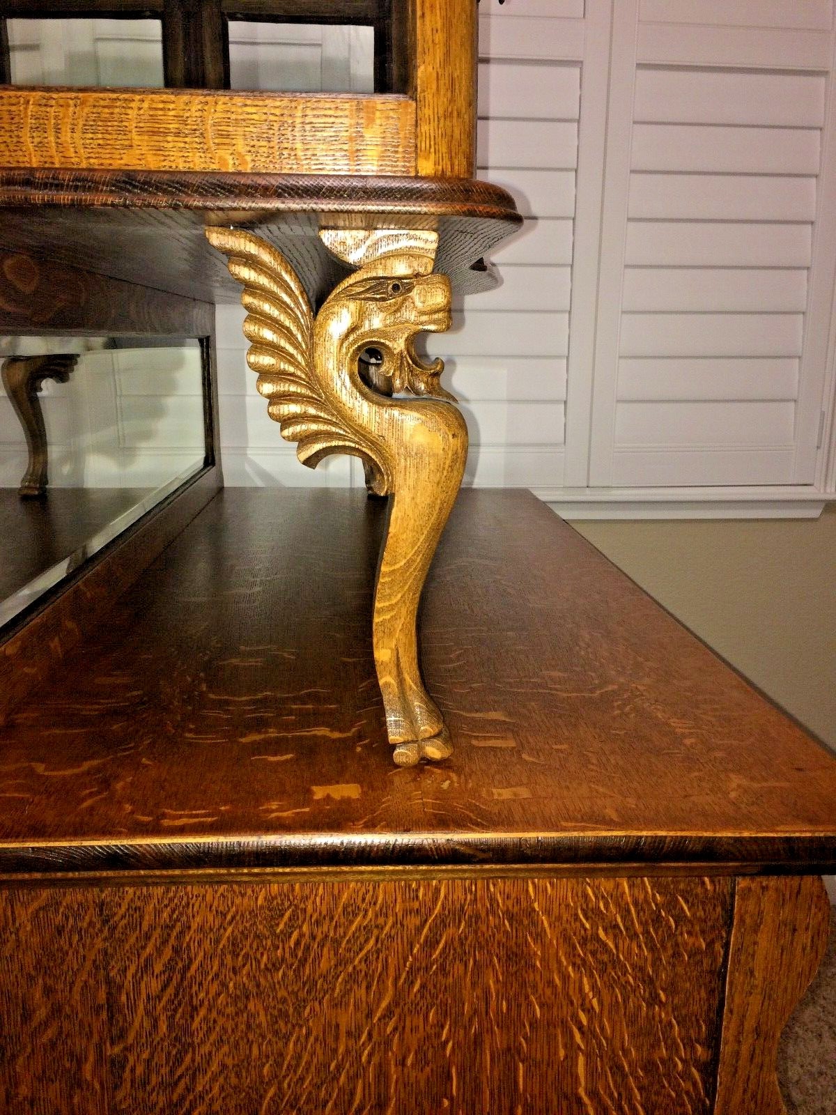 Antique American Oak Sideboard Buffet Hutch Furniture Mirrors Glass Serpentine