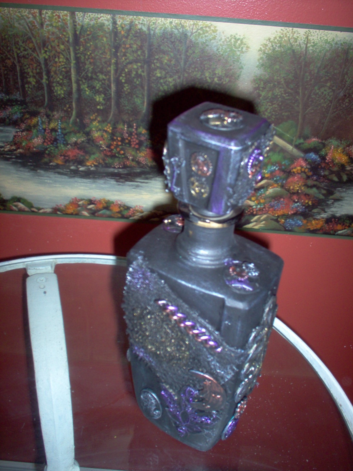 steampunk/altered art decanter, black, metallic highlights. 11