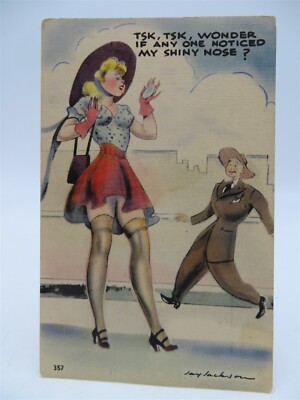 Vintage Postcard - Cartoon Humor - Man Admiring Pretty Woman - Unused