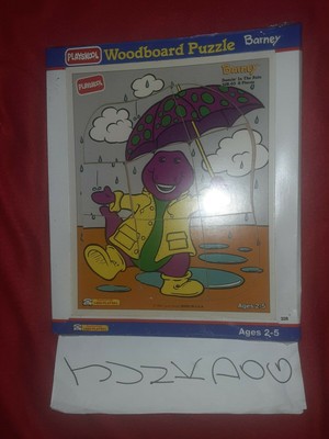 Vintage Barney Playskool Wood Board 9 Piece Puzzle New Dancing in the Rain 1993