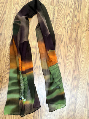 Silk Scarf Brown Green Orange Abstract 66 x 20'' Rectangular Long