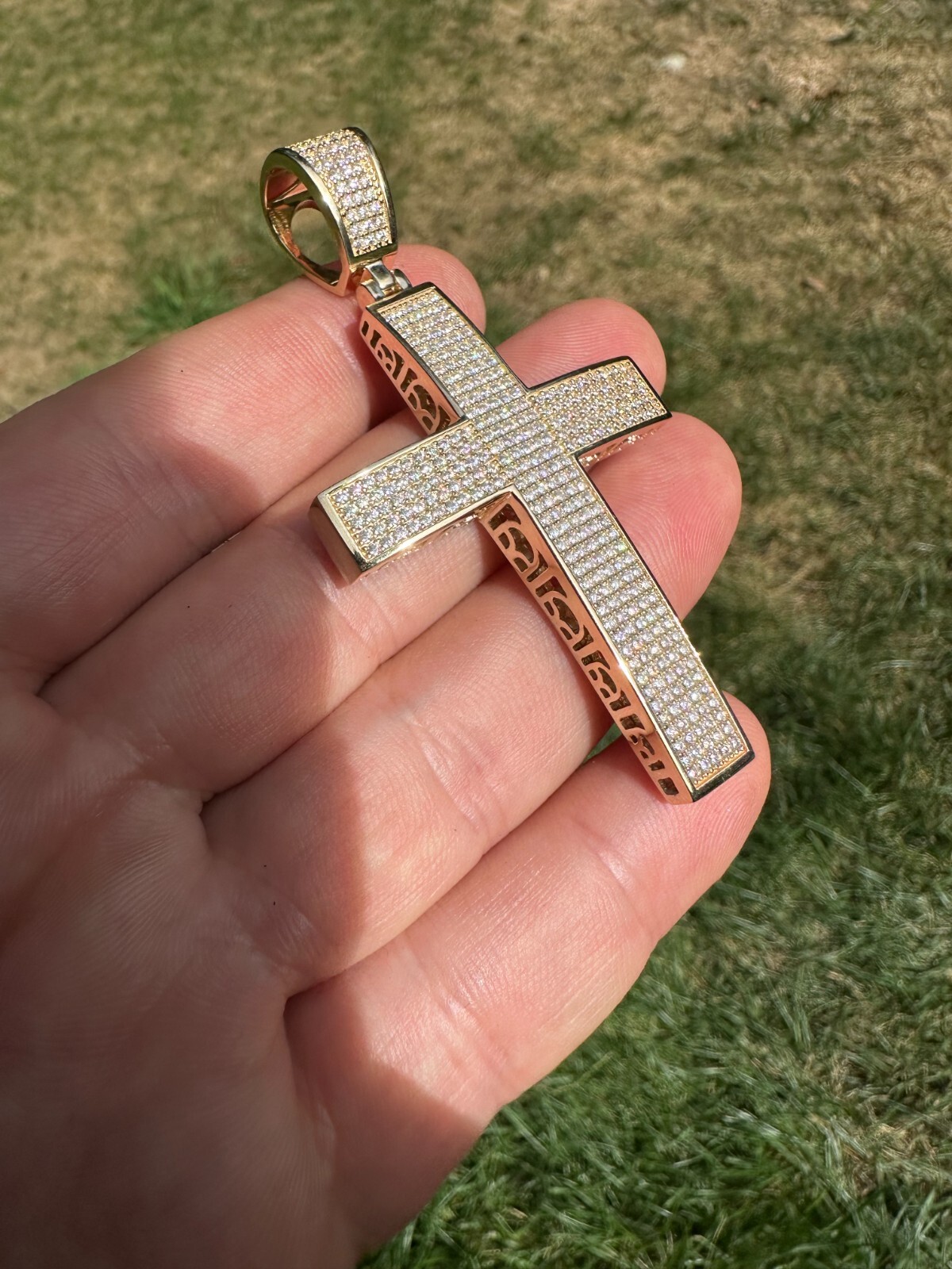 Pre-owned Hip Hop Solid 10k Yellow Gold 3ct Vvs Moissanite Cross Pendant Necklace 19g Mens Large In White