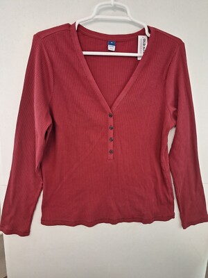 Old Navy XL Have A Heart Red Fitted Long-Sleeve Rib-Knit Henley Top NWT