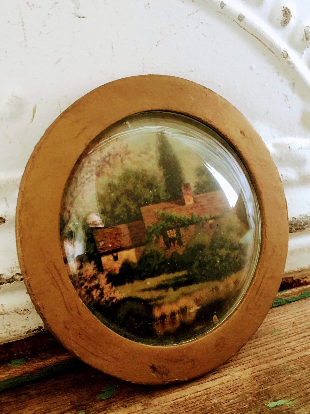 Antique Small Round Convex Glass Picture Cottage House Garden