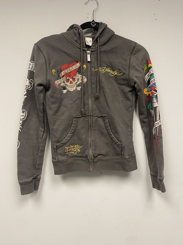 トップス archive Ed Hardy zip hoodie grunge y2k Vintage Ed Hardy Graphic Bling Zip Up Hoodie Y2K Women's