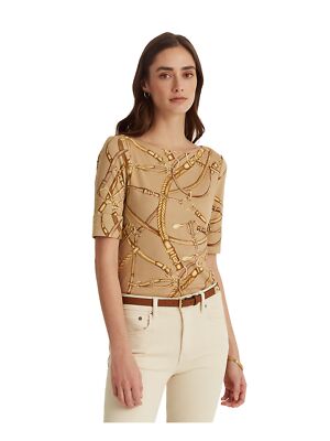 

LAUREN RALPH LAUREN Женский коричневый топ с короткими рукавами с принтом и вырезом «лодочка» Petites