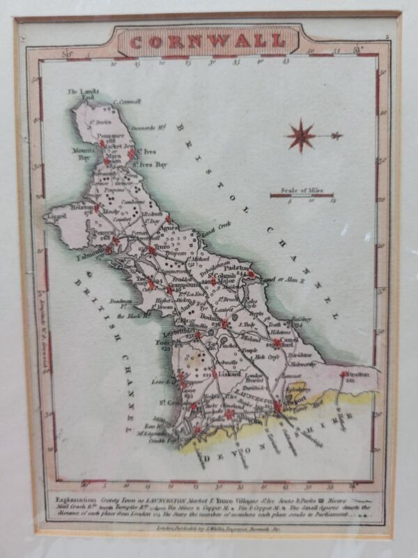 Antique Map - "Cornwall" by J Wallis published 1812 by J Wallis  4"x5.5"