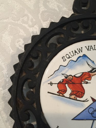 Squaw Valley Winter Olympics 1960 Indian Skiing Tile Iron Trivet Wall Hanging