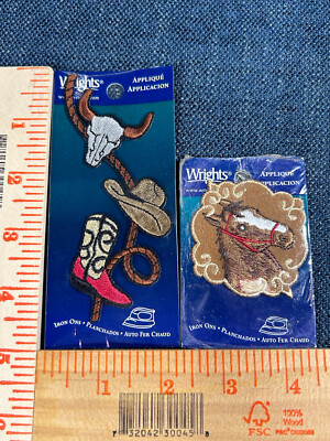 2 Wrights Appliqué Embroidered Patches Western Horse Cowboy New Old Stock