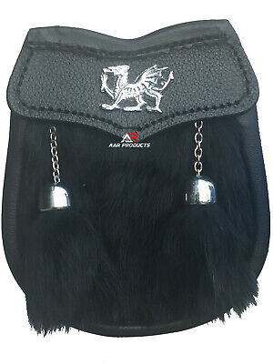Scottish Boys Sporran Leather Black Fur Kilt Welsh Dragon 2 Tassels Belt Chain