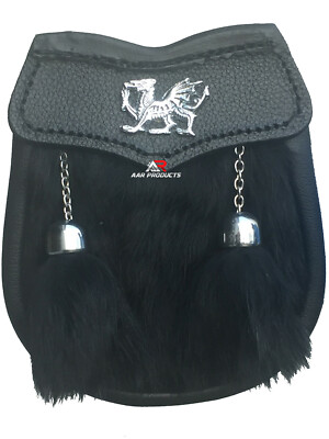Scottish Boys Sporran Leather Black Fur Kilt Welsh Dragon 2 Tassels Belt Chain