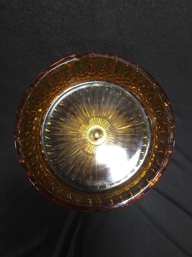 Vintage Amber Footed Candy Dish Compote With Lid Brass Marble Base Glass Prisms