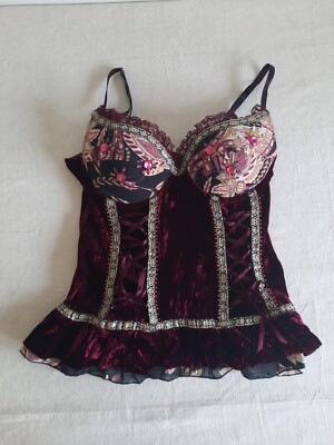 E LOCO Rare Purple bustier cami top velvet frills beads floral size 8 Corset Old
