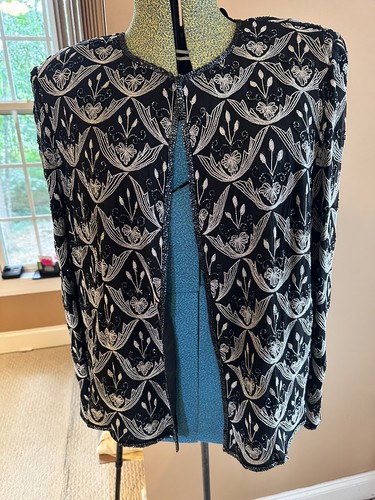 ADRIANNA PAPELL Evening Black Silver Sequin Beaded Silk Open Jacket XL VINTAGE
