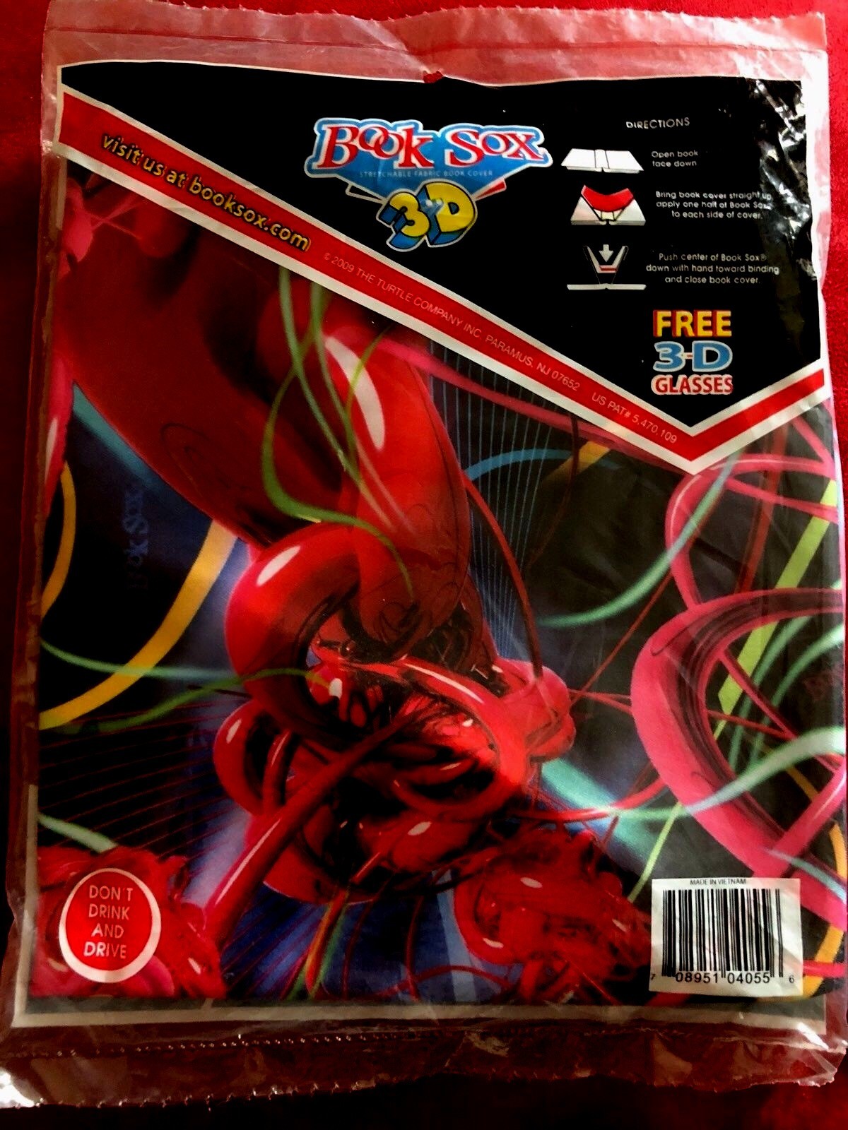 New Book Sox JUMBO Stretchable Red Pink Retro Fabric Book Cover Free 3D Glasses