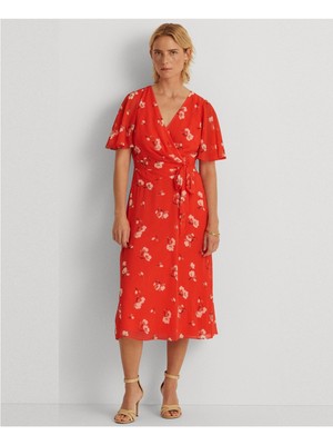 

LAUREN RALPH LAUREN Женское оранжевое платье миди с короткими рукавами для работы, свободное платье, Оранжевый