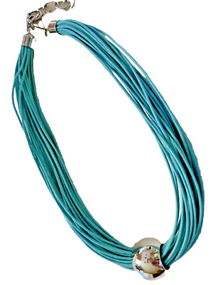 Multi Strand Corded  Silver tone Turquoise Aqua Blue Choker Pendent Necklace