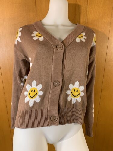 NWT Nikka K Flower Power Daisy Smiley Face Brown Button Up