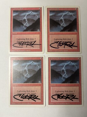 Magic MTG Revised Lightning Bolt Signed by Christopher Rush MP x4 FULL PLAYSET