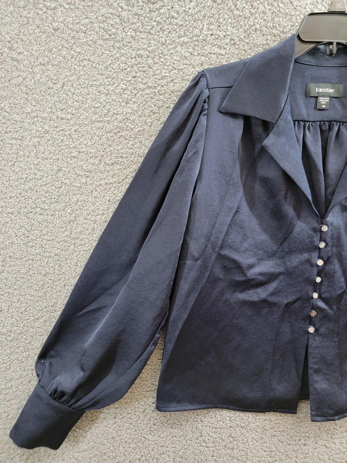 Karen Kane Shirred Blouse Women's M Navy Solid Collared Long Sleeve Button Front - Picture 6 of 18