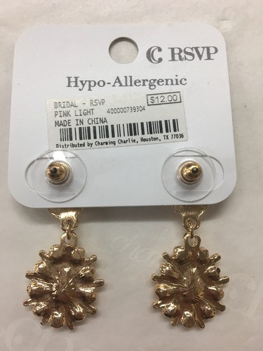 Charming Charlie RSVP Bridal Rhinestone & Pink Dangle Earrings Gold Oval