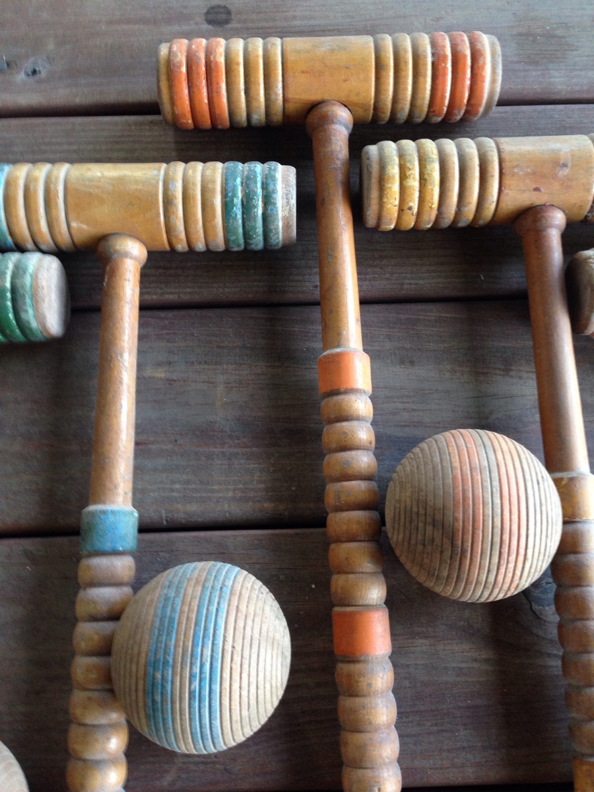 Vintage Wood Croquet Set ~ Balls, Mallets Spiraled Old Paint Primitive Man Cave