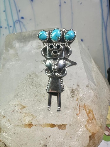 Vintage Kachina ring Navajo turquoise size 7.2 sterling silver women signed CPH
