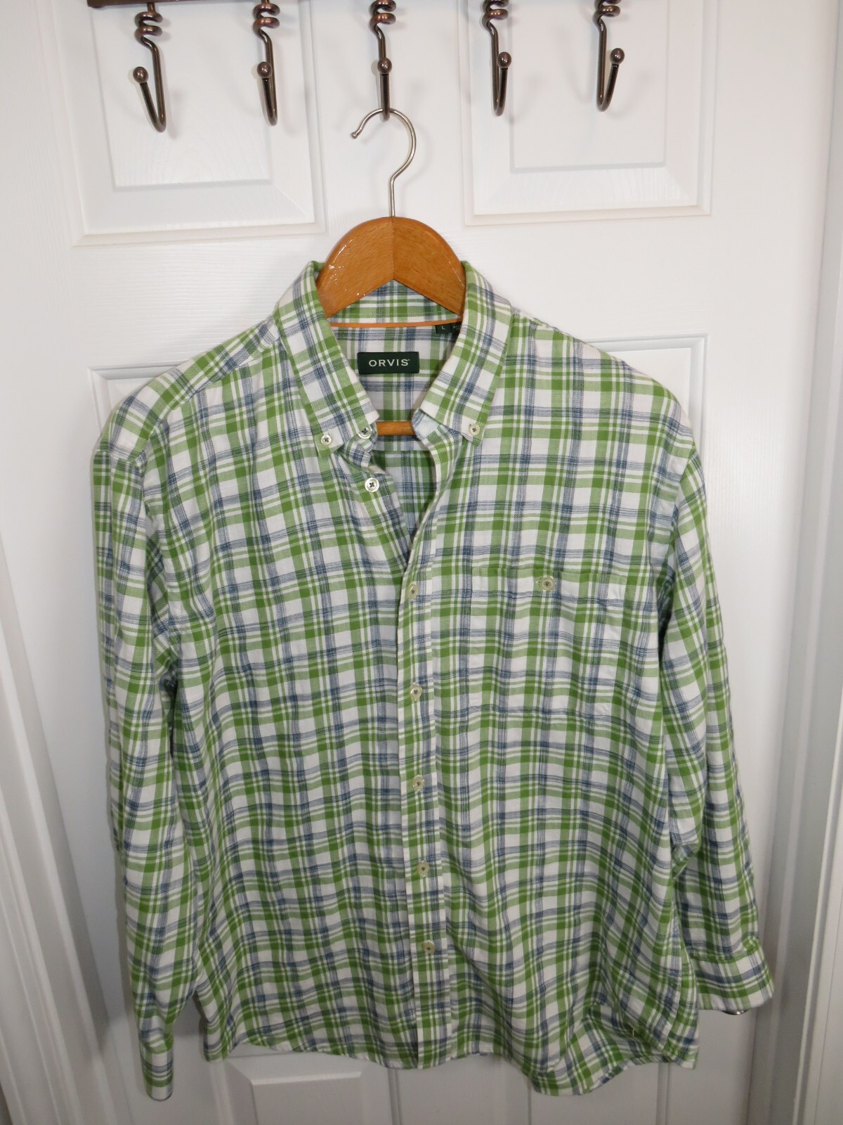 Orvis Men&rsquo;s LG Green Plaid Flannel L/S Button Down Shirt Cotton Poly Blend