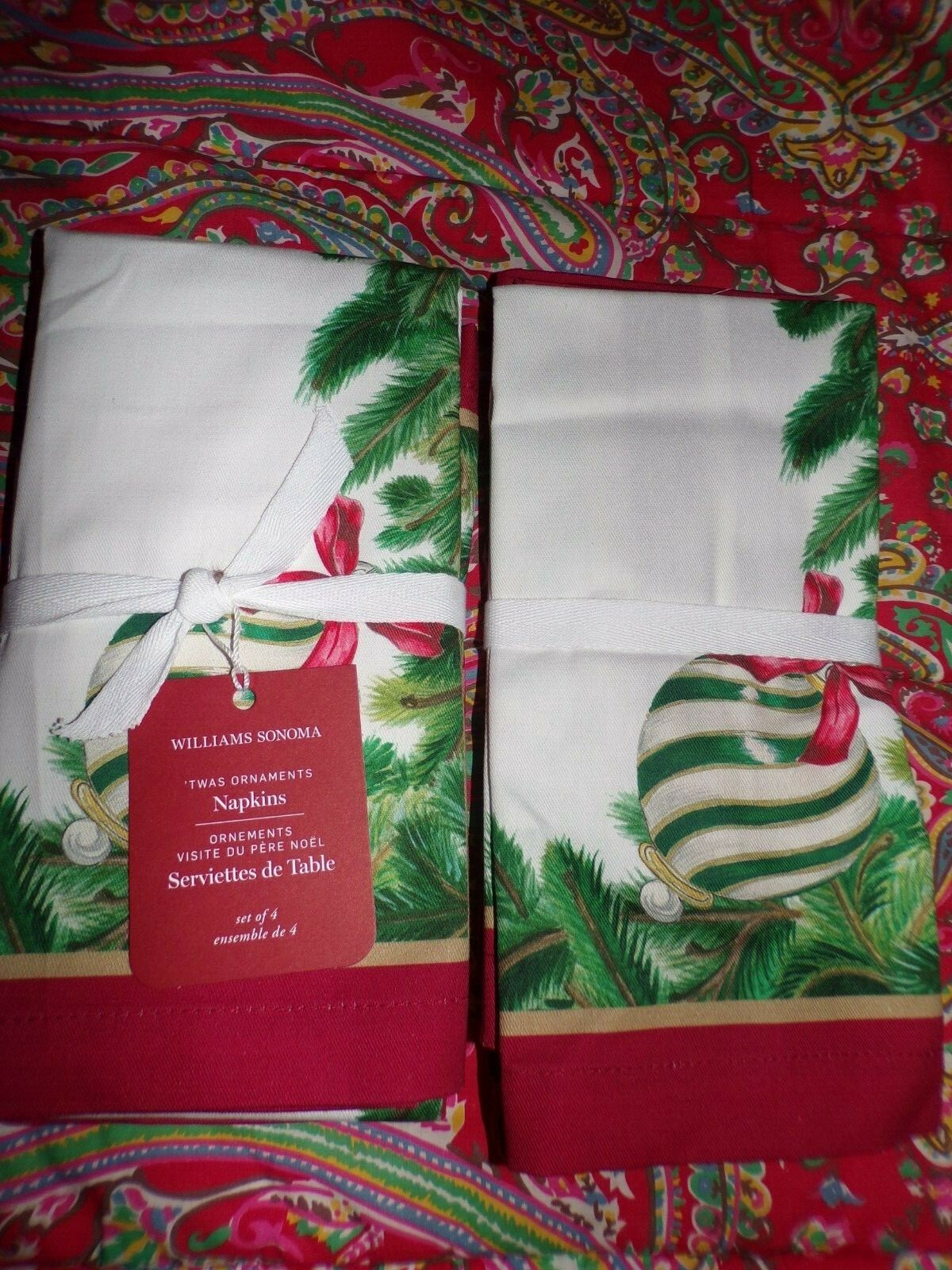 WILLIAMS SONOMA Twas the Night Ornaments Napkins, Set of 8, NEW