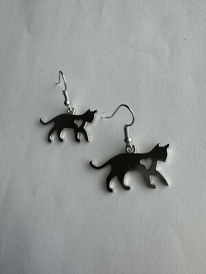Silver Cat Dangle Earrings
