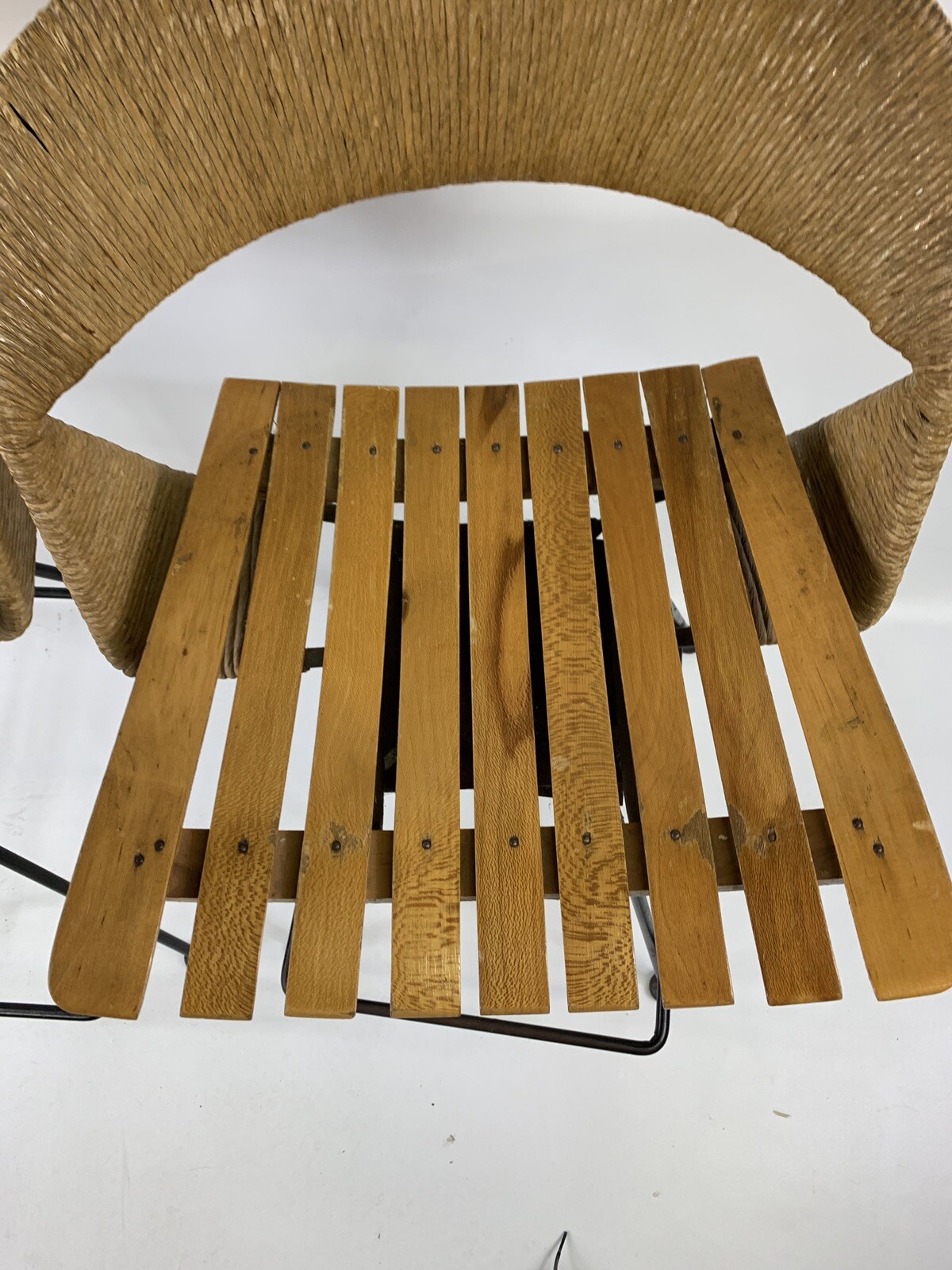 2 Mid Century Modern Arthur Umanoff Rattan / Iron Wood Slat Bar Stools