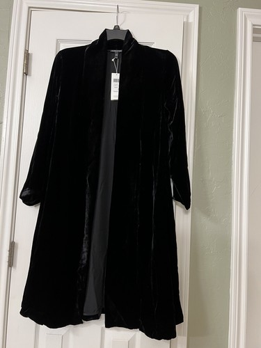 Pre-owned Eileen Fisher Pp $438  Black Velvet Shawl Collar Long Jacket Coat