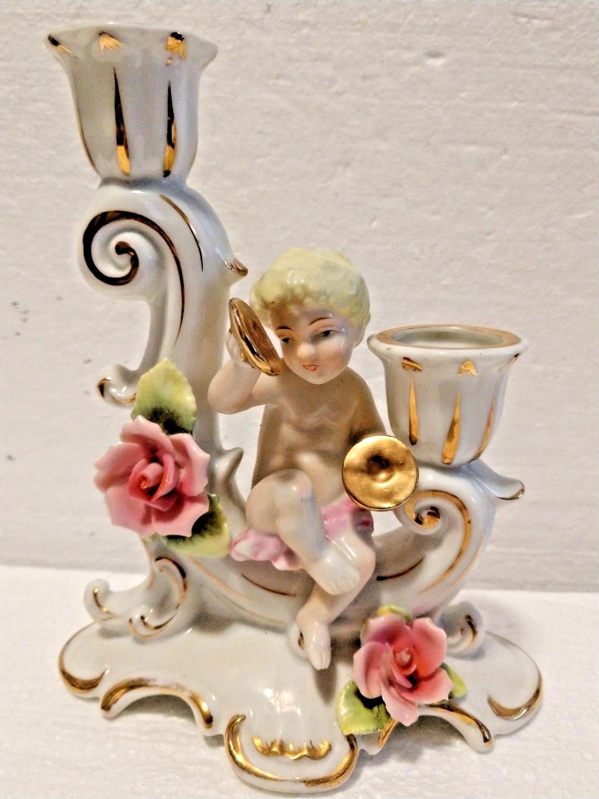 Vintage Porcelain Cherub Candlestick holder w/floral & gold Japan