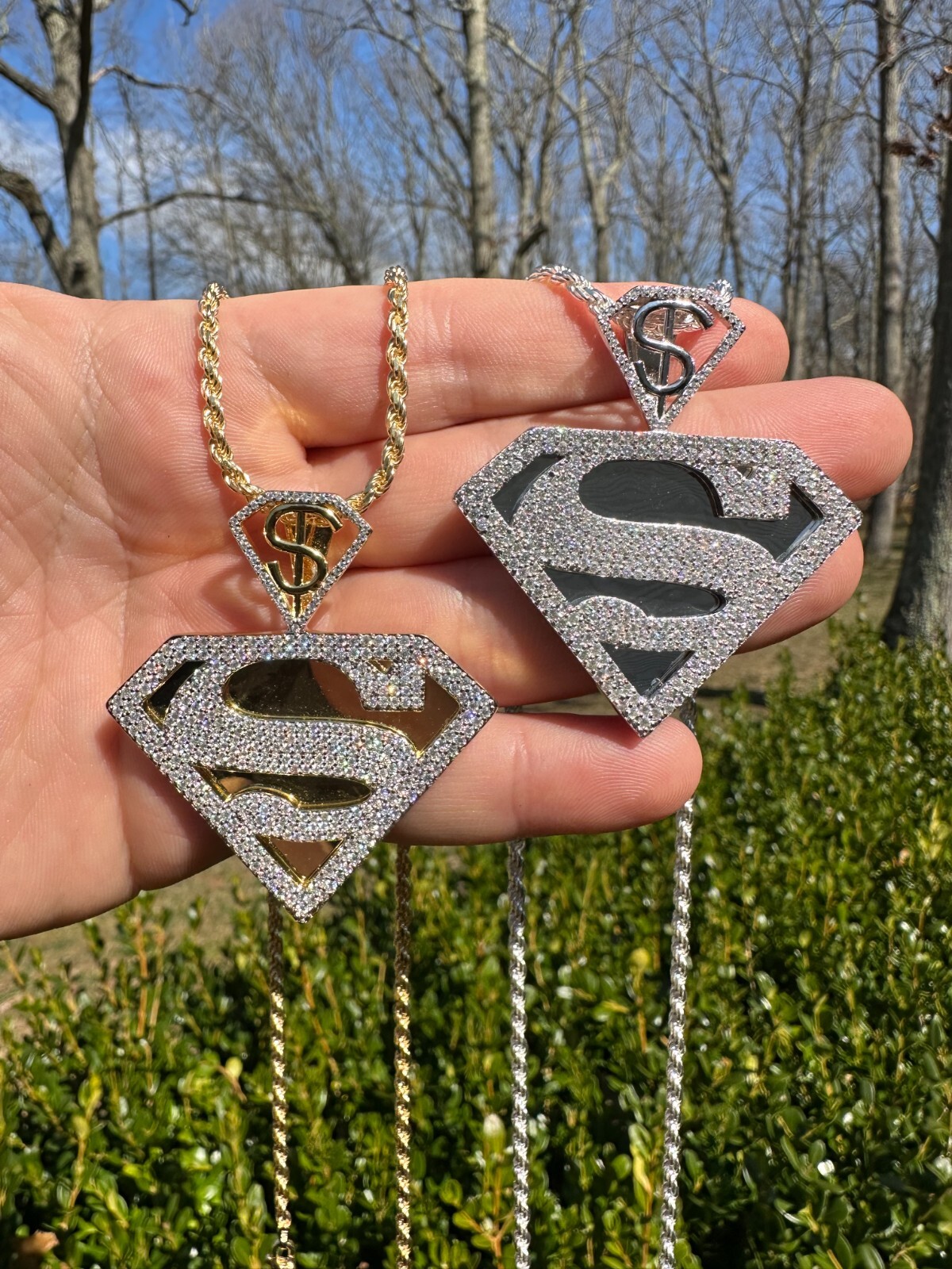 Pre-owned Harlembling Moissanite Real 925 Silver/gold Plated Iced Superman Superhero Pendant Necklace In White