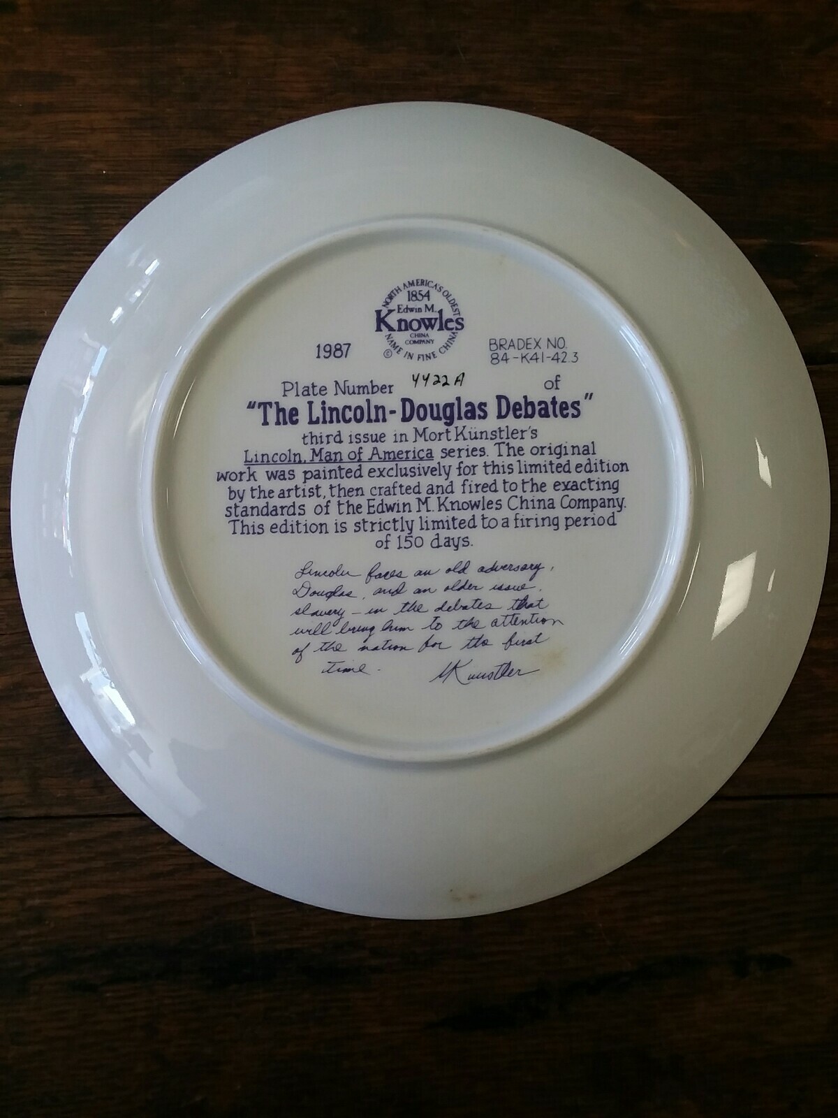 Knowles Collector Plate, Lincoln, Lincoln-Douglas Debates, Orig Box & Papers