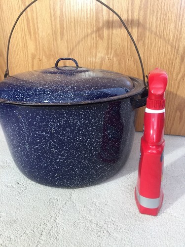 VTG Enamel Blue Speckled Large Stock Lobster Pot w/ Lid 15